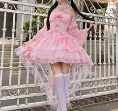 ピンク　透け感　天使系ロリータ ワンピース ドレス  フリル 高低差スカート リボン付き 甘ロリ 撮影衣装 フォーマル ゴシック風　ロリータ　ロリィタ　界隈　渋谷　原宿　ドレス　コンカフェ　推し活　コスプレ　姫系　サブカル