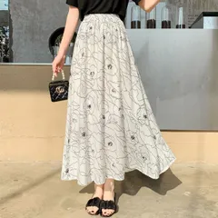 送料無料！ブージュルード アートフラワー フレアスカート ｜ 花柄 スカート マキシ丈 フレアスカート レディース ファッション ロング丈 総柄 ライン柄 スカート ウエストゴムBoujeloud アートフラワー ロングスカート ホワイト アイボリー