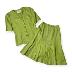 リネン混 上下 jun ashida ジュンアシダ 金ボタン セットアップ ジャケット スカート 7/グリーン レディース ビンテージ レトロ