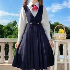 ☆ ネイビー ☆ L ☆ ジャンパースカート フォーマル 4点セット  ジャンパースカート 制服 胸付きスカート 女子 女の子 学生 学生服 プリーツスカート スクールスカート Vネック コスプレ コスチューム 無地 シンプル 高校生 中学生