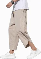 メンズ サルエルパンツズボン 夏用 ワイドパンツ ストライプ テーパードパンツ 7分丈 アラジンパンツ 大きいサイズ ずぼん 人気 ボトムス 綿麻 リネンパンツ 涼しい ぱんつ 春 夏meiyang02