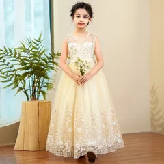 新作シャンパン色　子供ドレスピアノ発表会女の子フォーマル人気ロングドレスワンピース刺繍ドレス　リングガールジュニアドレスピアノ発表会演奏会　コンクール　ふんわりボリュームスカート豪華ドレス　高見えドレス