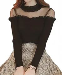 toasoa トーアソーア カットソー レディース 長袖 トップス 無地 おしゃれ 薄手 かわいい セクシー 肩 韓国 春 夏 秋 冬 きれいめ ハイネック レース オフショルダー tシャツ 07 - 黒 M( 07 - 黒 - M,  M)