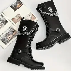 ブーツ バイクブーツ ウエスタンブーツ メンズ PU ロングブーツ エンジニアブーツ チェーン付き ロック おしゃれ リベットレースアップブーツ ワークブーツ 編み上げブーツ 軽量 防水 メンズブーツ 滑り止め バイクシューズ カジュアル ショート 厚底 黒