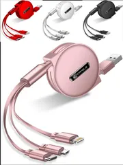 巻き取り式 3in1 充電ケーブル 同時充電可 データ転送 1.2m 5種類