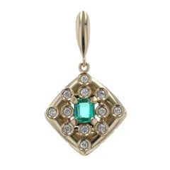 K18YG イエローゴールド ネックレストップ エメラルド 0.21ct ダイヤモンド 0.13ct スクエア ひし形【新品仕上済】【zz】【中古】