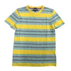 良品 TOMMY HILFIGER トミーヒルフィガー ボーダー Tシャツ カットソー ロゴ 刺繍 152cm 青 ブルー 黄 イエロー キッズ 古着 中古 USED