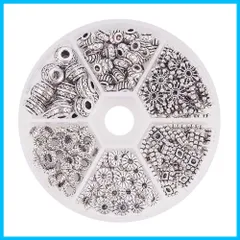 【人気商品】シルバー 手作り素材 ネックレス ブレスレット クラフト DIY用 アクセサリーパーツ ジュエリー製作 チベット風 チャーム 座金 花座 菊座 スペーサービーズ 合金 古銀色 メタルビーズ 6種類 約216個入り PandaHall PH