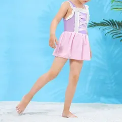 【90】キッズ 女の子用ワンピース水着 パステルカラー リボン　ピンク　レース①