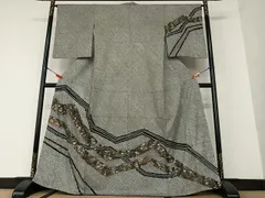 平和屋着物●訪問着　駒刺繍　絞り　草花間道　黒地　金彩　正絹　逸品　AAAV7367zg