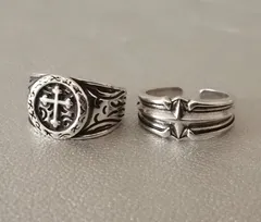 新品【 シルバージュエリー リング ２個セット 】 重厚クロス 十字架 星 スター シルバー 指輪 メンズ レディース ビンテージ アンティーク ゴシック 925刻印 Silver Plated フリーサイズ 【残りわずか！早いもの勝ち】