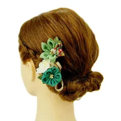 髪飾り 成人式 つまみ細工 振袖 前撮り 袴 浴衣 夏祭り 花火大会 豪華2点セット 緑 渋緑 白 ゴールド ちりめん 組紐 パール 和 No.9-3605
