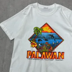 リゾート　南国　PALAWAN　パラワン　フィリピン　トップス　半袖Tシャツ　プリントTシャツ　古着　ホワイト　M〜L