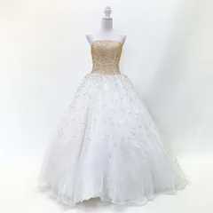 ウェディングドレス　11号程度　中古　オフホワイト　ゴールドスパンコール　結婚式　二次会　フォト婚　プリンセスライン　 W-210