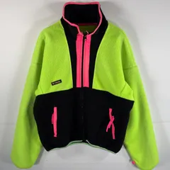 古着 コロンビア Columbia フリースジャケット フルジップ ワンポイントロゴ サイドポケット L 黄緑 ブラック ピンク マルチカラー メンズ