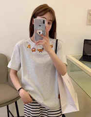 ナイセンスなカートゥーン刺繍ポルカドット潮流Tシャツ レディース 半袖 美式中性風 カジュアルカップルコーデ 夏