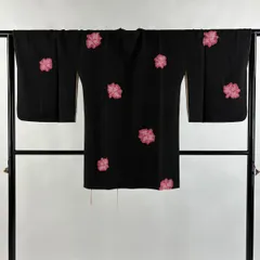 【美品】 道行 身丈86cm 裄丈64cm M 和装コート 角衿 花 黒 正絹 秀品 【中古】