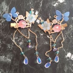 きらびやか 華流 ヘアクリップ 左右セット 蝶々 お花 ピンク 水色