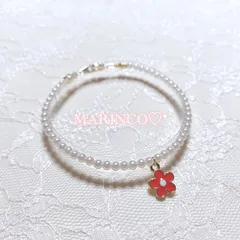 韓国 パール ポップ フラワーパールブレスレット／レッド(NO.659)
