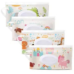 お得な4点セット おしり拭きポーチ ウェットティッシュケース ポーチ 持ち運び ベビー キッズ ウェットシートポーチ 抗菌 蓋付き 携帯 可愛い