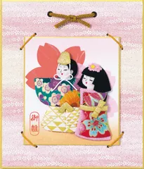 古布　江戸縮緬　押絵　ハンドメイド　タペストリー　つまみ桜と座り雛 古布 江戸縮緬 押絵 ハンドメイド タペストリー つまみ桜と座り