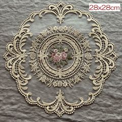 レース　ドイリー　28x28cm　フレンチ　ブーケ刺繍　ダークベージュ
