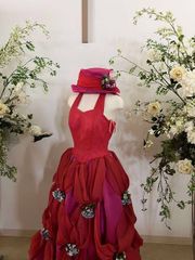 貸衣装処分品 カクテルドレスショッキングピンク　後リボン　7T　帽子付