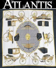 【広尾店】 エルメス HERMES カレ90 大判スカーフ LES VOITURES A TRANSFORMATION 折畳み式幌の馬車 シルク100％ 黒 【15970】