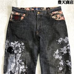 豊天商店 デニムパンツ ジーパン ジーンズ ヴィンテージ加工 ユーズド加工 刺繍 和柄 鯉 花柄 桜吹雪 XLサイズ ブラック 黒系 ブーデンショウテン