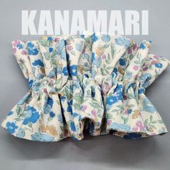 [200]花柄生地のダブルフリルシュシュ、青・ブルー系、ハンドメイド