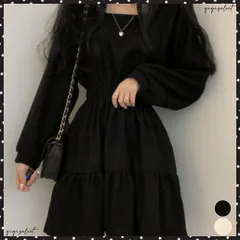 ティアードミニワンピース ウエストマーク きれいめショートワンピース着やせ 膝上ワンピース春秋レディース低身長 ハイウエスト 細見え aラインフレアワンピ レトロ スクエアネック長袖 韓国風ワンピース黒 ガーリーワンピース