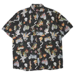 ハーレーダビッドソン HARLEY-DAVIDSON 00s 2000年代 総柄 レーヨンシャツ 半袖 BLACK スカル タイガー エンブレム 鷲 USA製 アメリカ製 ヴィンテージ 古着 メンズ ブラック 黒 XL【中古】