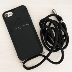 iPhone 6 6s 7 8 SE (第2世代/第3世代) SE2 SE3 スマホ ショルダー ケース シリコン系 肩掛け 紐付き 収納 ブラック 黒色 黒