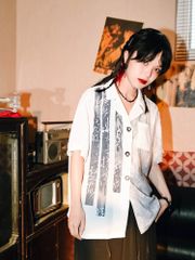 中華風 メンズシャツ ユニセックス 半袖 和風ストリート モード系 個性派 白黒 漢字柄 オーバーサイズ 韓国ファッション 和モダン カジュアル 原宿系 夏コーデ　シャツ　和風　ゆったり　大きめ　メンズ　レディース　モード