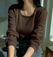 【ブラウン】リブ カットソー 長袖 スクエアネック パワショルトップス 着瘦せ 細見せ 無地 着回し シンプル