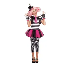 ピエロのコスチューム 道化師クラウン サーカス ミニ丈ワンピース レギンス 帽子ハット手袋グローブ ネクタイ セット商品 キッズ子供用ジュニア女の子ハロウィン コスプレ衣装 仮装変装ミニスカート ダンス衣装Dream girlドリームガール★1