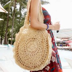 かごバッグ　フラワーバッグ　ショルダーバッグ　ショルダー　肩掛け　リゾート　夏　サマーバッグ　ビーチバッグ　旅行　丸型　サークル　ラウンドバッグ　透かし彫り　透かし編み　シンプル　レジャー　旅行　オシャレ　可愛い　ワンショルダー　大人　軽い　トラベル　薄型