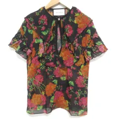 GUCCI - 美品 GUCCI グッチ シルク100％ フラワープリント シアー 半袖 フリルスリーブ ブラウス カットソー サイズ36 ブラック系 レディース 古着 中古 USED 美品 GUCCI グッチ シルク100％ フラワープリント シアー 半袖