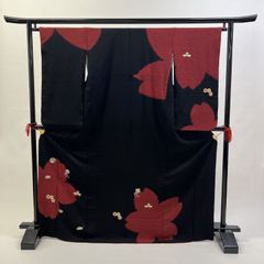 二尺袖 小振袖 中古品 黒 黒色 R1058 HEL9048000