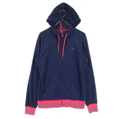 PUMA プーマ ワンポイントロゴ 長袖 ジップパーカー L ネイビー レディース 古着
