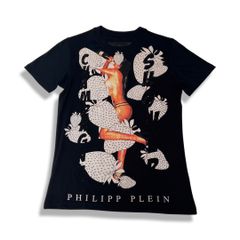 PHILIPP PLEIN HOMME フィリップ プレイン オム メンズ 半袖 Tシャツ ブラック XSサイズ Champagne Shower ラインストーン ガール プリント