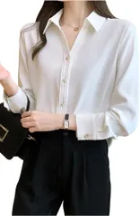 neccote(ネコート) シャツ レディース ブラウス マットサテン Vネック フォーマル オフィスカジュアル ビジューボタン 長袖(ホワイト,  XL)