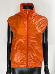 【USED】le coq sportif ルコック ナイロン ダブルジップ パーカー ベスト 裏地メッシュ フード収納 ロゴ刺繍 オレンジ レディース M ゴルフウェア