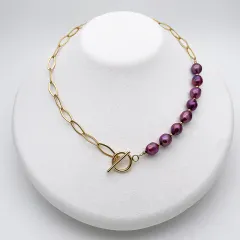 選べる 2種の淡水本真珠ネックレス ステンレスチェーン マンテル ゴールド系 バロックパール ゴールド系 パープル系 レッドブラウン系