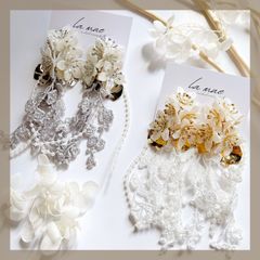 ハンドメイドピアス《304ステンレス 24KGP》パールフラワー ブーケ お花 レース タッセル 可愛い ブライダル メタル 花びら ゴールド シルバー ホワイト グレー イヤリング アレルギー対応