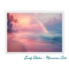 ハワイアンアート 額付き A4｜虹が降りる浜辺 No.37 Leaf Aloha