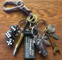 キーホルダー キーリング 本革 ステンレス カラビナ レトロ アメカジ ビンテージ 古着 ストリート ジャラジャラ ダイス スケボー ブラック / ブラック