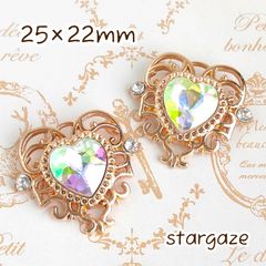 【 2個 】 25×22mm ハートセンターパーツ ストーン ビジュー オーロラクリア②×ゴールドフレーム