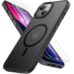 Miracase iPhone13 ケース【Magsafe対応・米軍規格】iPhone13ケース 6.1インチ【強化フィルム2枚付き】耐衝撃iPhone13ケース、傷防止、黄ばみ防止、薄くて肌に優しいデザイン、金属ボタン、マット、フロスト、半透明、黒 0