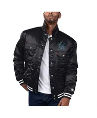 【送料無料】 リーバイス レディース ジャケット・ブルゾン アウター x Starter Men's Black Miami Marlins Silver Tab Satin Full-Snap Trucker Jacket Black